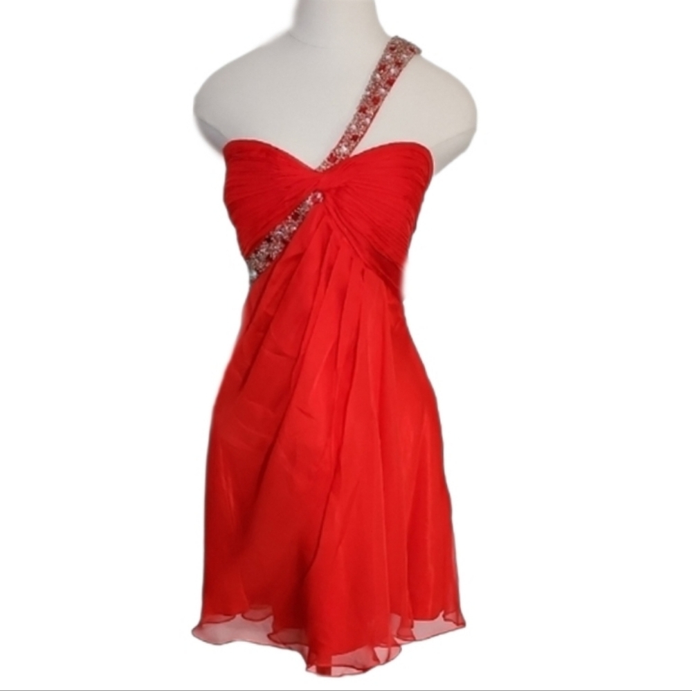 Karishma Mini Dress One Shoulder Ruched Bodice Rhinestones Red Plus Size 18
